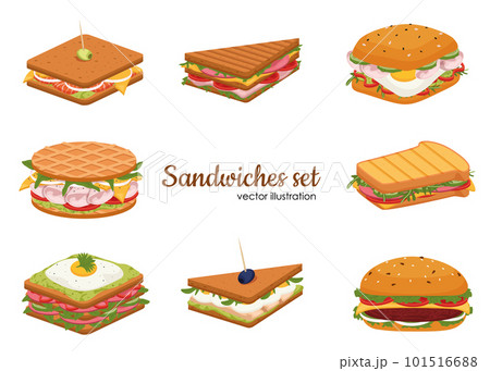 Set of delicious juicy sandwiches filled with vegetables, cheese, meat, bacon. Crispy toast, croissant and bun sandwiches vector set. Tasty snack for lunch or breakfast with fresh ingredients 101516688