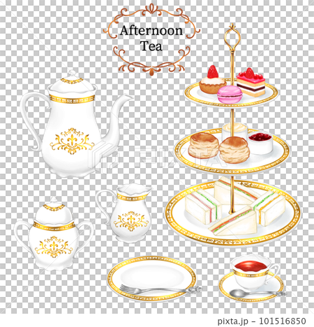 Watercolor afternoon tea set (antique gold pattern tableware) no background Watercolor afternoon tea set (antique gold pattern tableware) no background 101516850
