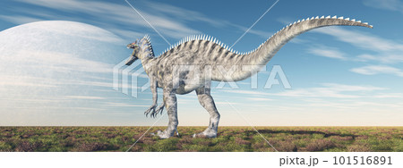 Dinosaur Suchomimus in a landscape and planet in the sky 101516891