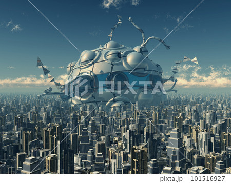 Huge spaceship in a big city 101516927