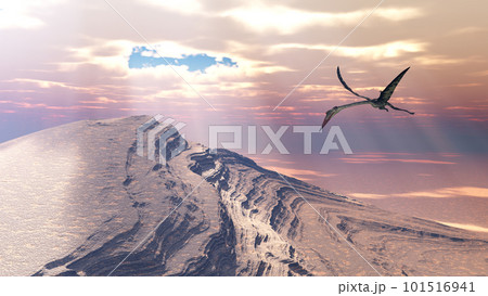Pterosaur Quetzalcoatlus flying over a mountainous landscape Pterosaur Quetzalcoatlus flying over a mountainous landscape 101516941