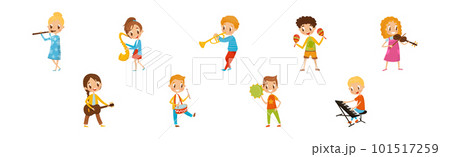 Little Boy and Girl Characters Playing Musical Instruments Vector Illustration Set 101517259