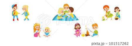 Little Girl and Boy Camping Engaged in Summer Activities Enjoying Adventure Vector Illustration Set Little Girl and Boy Camping Engaged in Summer Activities Enjoying Adventure Vector Illustration Set 101517262
