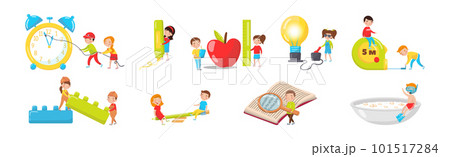 Cute Boy and Girl with Giant Objects as Early Childhood Education Vector Set 101517284