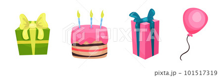 Colorful Gift Box, Balloon and Cake as Birthday Celebration Symbol Vector Set 101517319
