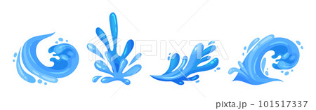 Blue Curved Water Splashes with Drops Vector Set 101517337