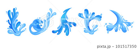 Blue Curved Water Splashes with Drops Vector Set 101517350