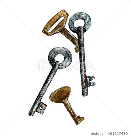 Set metal brass and iron keys isolated on white background. Watercolor hand draw realistic illustration. Art for design Set metal brass and iron keys isolated on white background. Watercolor hand draw realistic illustration. Art for design 101517430