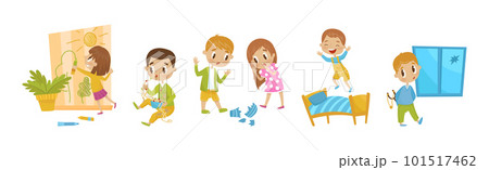 Naughty Girl and Boy Sitting in Mud and Breaking Vase Vector Illustration Set Naughty Girl and Boy Sitting in Mud and Breaking Vase Vector Illustration Set 101517462