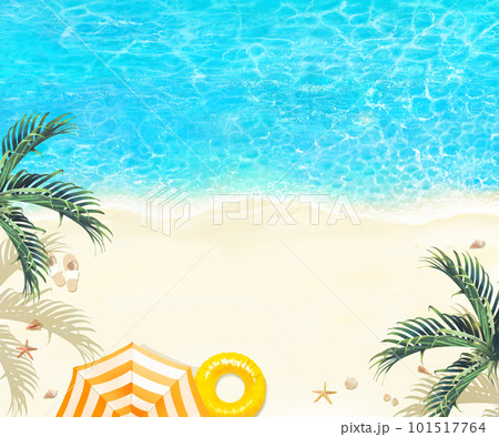 上から見た美しいビーチにヤシの葉と浮き輪と縞々パラソルー夏のおしゃれフレーム背景素材 上から見た美しいビーチにヤシの葉と浮き輪と縞々パラソルー夏のおしゃれフレーム背景素材 101517764