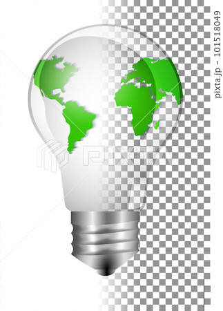 Realistic glass light bulb with a globe inside. Concept of green energy on the planet earth. Earth day, earth hour. Abstract map of the world in miniature 101518049
