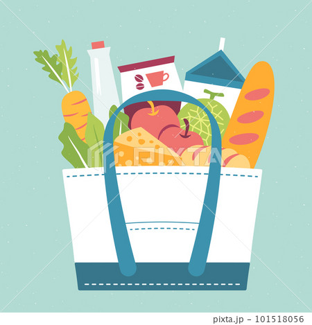 エコバックで食品のお買い物（フラットなレトロ風イラスト） 101518056