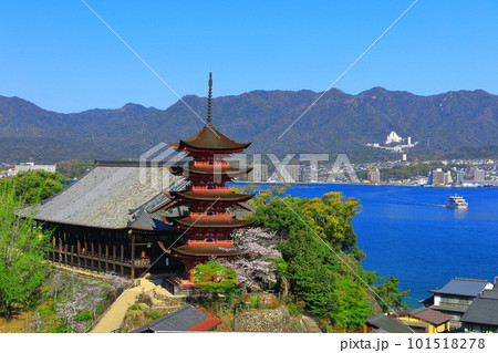 【広島県】満開の桜と厳島神社の五重塔と豊国神社(宮島) 【広島県】満開の桜と厳島神社の五重塔と豊国神社(宮島) 101518278