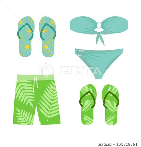 Vector illustration. Collection of summer clothes for the beach. Swimsuit, shorts, summer shoes Vector illustration. Collection of summer clothes for the beach. Swimsuit, shorts, summer shoes 101518561