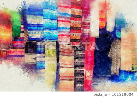 Colorful Moroccan fabrics and handmade souvenirs on the street in the blue city Chefchaouen, Morocco, Africa.. 101519004