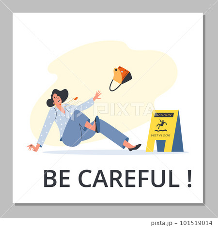 Woman falling down in front of wet floor caution sign, poster template - flat vector illustration. Woman falling down in front of wet floor caution sign, poster template - flat vector illustration. 101519014