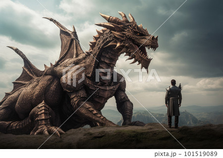 Man stands in front of huge dragon, fantasy...のイラスト素材