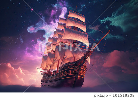 Old magic frigate flying on colorful...のイラスト素材 [101519208] - PIXTA