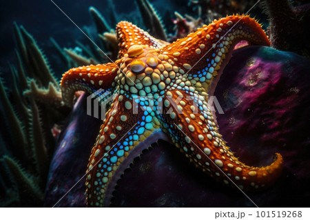 Sea star in a reef colorful underwater landscape background. Star fish in tropical seashore. Generative AI 101519268