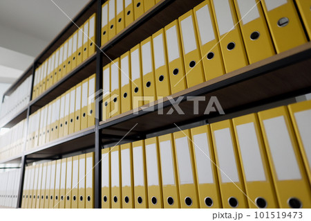 Yellow ring binders with files put in long rows on shelves Yellow ring binders with files put in long rows on shelves 101519473