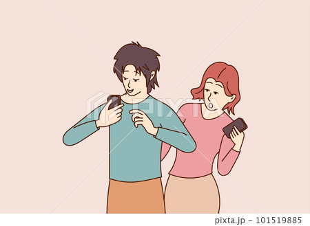 Curious girl follows her boyfriend correspondence and surveillance on social platforms. Woman distrust of her husband. Girl peeps into the man smartphone and reads the messages. Vector illustration Curious girl follows her boyfriend correspondence and surveillance on social platforms. Woman distrust of her husband. Girl peeps into the man smartphone and reads the messages. Vector illustration 101519885