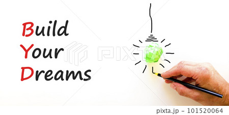 BYD build your dreams symbol. Concept words BYD build your dreams on white paper on a beautiful white background. Green light bulb icon. Business and BYD build your dreams concept. Copy space. BYD build your dreams symbol. Concept words BYD build your dreams on white paper on a beautiful white background. Green light bulb icon. Business and BYD build your dreams concept. Copy space. 101520064