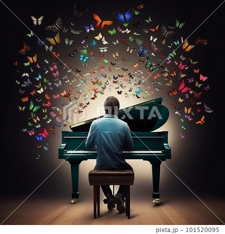 Man plays piano, multi-colored beautiful butterflies fly out of piano, magic power of music, wonderful background for music advertising 101520095