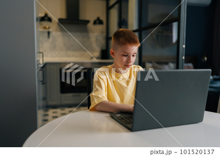 Focused redhead 10 years old boy with freckles looking to laptop screen and typing doing homework sitting at table on background of kitchen. Cute teen boy surfing internet on notebook computer at home 101520137