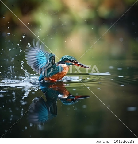 beautiful blue yellow bird kingfisher takes off from the surface of the water, close-up, nice wild bird closeup 101520238