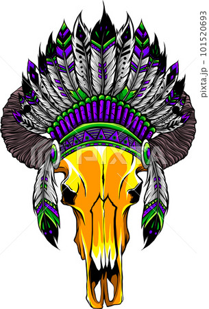 Hand drawn cow skull and feathers illustration. on white background Hand drawn cow skull and feathers illustration. on white background 101520693