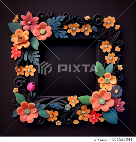 An Empty Square Frame Covered with Polymer Clay Flowers on Solid