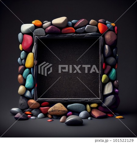 An empty colorful pebbles square frame on solid background. Natural rock texture, bright colors. Ai generated abstract illustration with a square frame made of vivid pebbles. 101522129