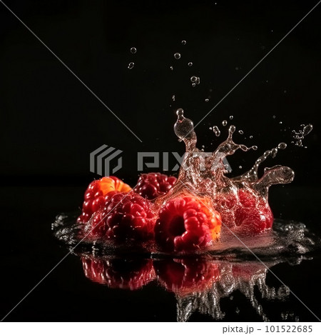 Raspberry in the splash of water isolated on black background. Liquid drops arround. Photorealistic fluid texture. Ai generated illustration of a red Raspberry in water drops. Raspberry in the splash of water isolated on black background. Liquid drops arround. Photorealistic fluid texture. Ai generated illustration of a red Raspberry in water drops. 101522685
