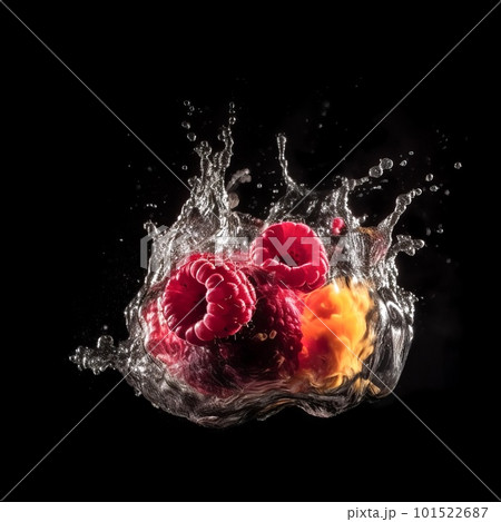 Raspberry in the splash of water isolated on black background. Liquid drops arround. Photorealistic fluid texture. Ai generated illustration of a red Raspberry in water drops. Raspberry in the splash of water isolated on black background. Liquid drops arround. Photorealistic fluid texture. Ai generated illustration of a red Raspberry in water drops. 101522687