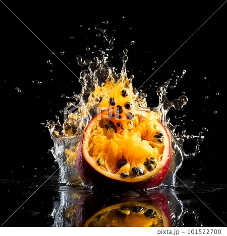 Passion fruit slice in the splash of water isolated on black background. Liquid drops arround. Photorealistic fluid texture. Ai generated illustration of Passion fruit slice in water drops. 101522700