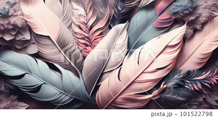 Feathers texture pastel horizontal abstract background. Creative feather pattern. AI generated artistic horizontal template for design. Collage print with decorative feather texture, modern art. Feathers texture pastel horizontal abstract background. Creative feather pattern. AI generated artistic horizontal template for design. Collage print with decorative feather texture, modern art. 101522798