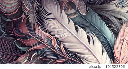 Feathers texture pastel horizontal abstract background. Creative feather pattern. AI generated artistic horizontal template for design. Collage print with decorative feather texture, modern art. Feathers texture pastel horizontal abstract background. Creative feather pattern. AI generated artistic horizontal template for design. Collage print with decorative feather texture, modern art. 101522806