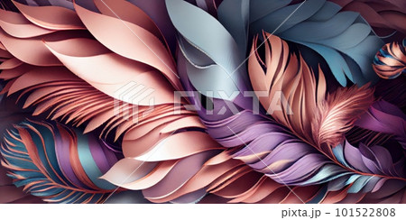 Feathers texture pastel horizontal abstract background. Creative feather pattern. AI generated artistic horizontal template for design. Collage print with decorative feather texture, modern art. 101522808