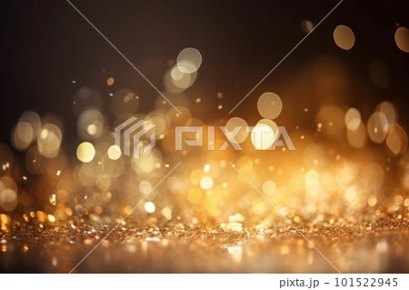 Golden glitter particles on a dark backdrop with abstract Twinkly Lights and metallic texture. Shiny decoration for festive celebration and luxury party. AI Generative. 101522945