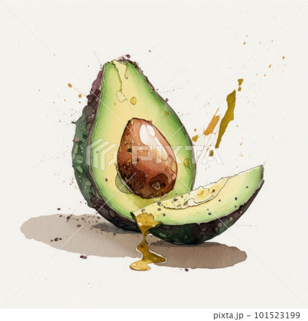 Illustration of green avocado watercolor drawing isolated on neutral background. Vegan and vegetarian organic food. AI generated half of healthy fruit with seed illustration. Illustration of green avocado watercolor drawing isolated on neutral background. Vegan and vegetarian organic food. AI generated half of healthy fruit with seed illustration. 101523199