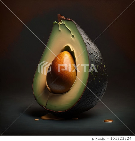 Illustration of green avocado oil painting isolated on neutral background. Vegan and vegetarian organic food. AI generated half of healthy fruit with seed illustration. 101523224