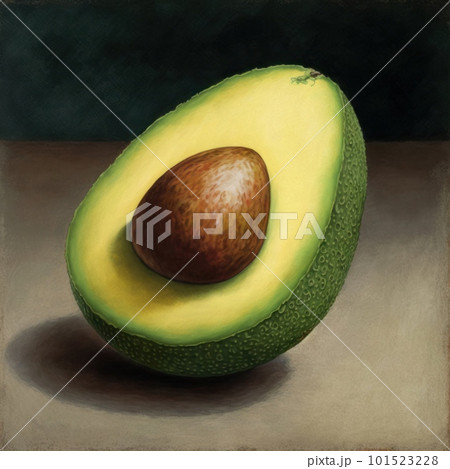 Illustration of green avocado isolated on neutral background. Vegan and vegetarian organic food. AI generated half of healthy fruit with seed illustration. Illustration of green avocado isolated on neutral background. Vegan and vegetarian organic food. AI generated half of healthy fruit with seed illustration. 101523228