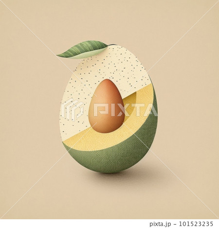 Illustration of abstract minimalistic green avocado isolated on neutral background. Vegan and vegetarian organic food. AI generated half of healthy fruit with seed illustration. 101523235