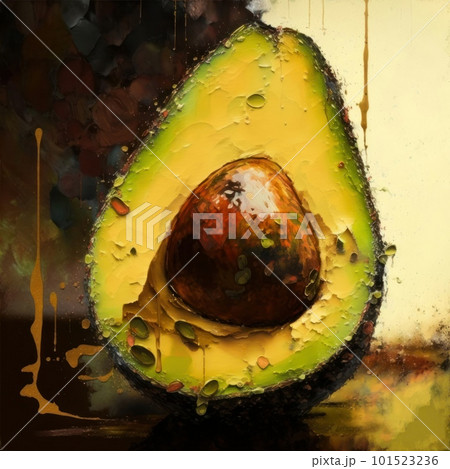 Illustration of green avocado oil painting isolated on neutral background. Vegan and vegetarian organic food. AI generated half of healthy fruit with seed illustration. 101523236