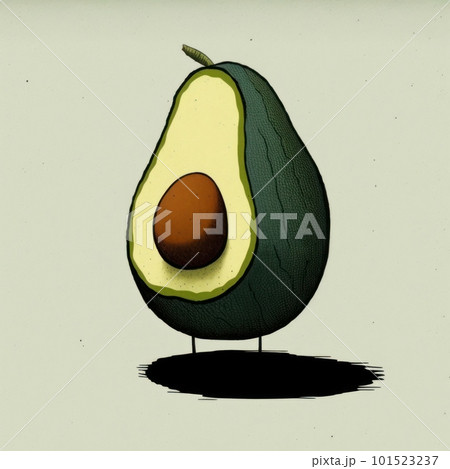 Illustration of green avocado isolated on neutral background. Vegan and vegetarian organic food. AI generated half of healthy fruit with seed cartoon drawing illustration. 101523237