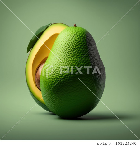 Illustration of green avocado isolated on neutral background. Vegan and vegetarian organic food. AI generated half of healthy fruit with seed 3d realistic illustration. Illustration of green avocado isolated on neutral background. Vegan and vegetarian organic food. AI generated half of healthy fruit with seed 3d realistic illustration. 101523240