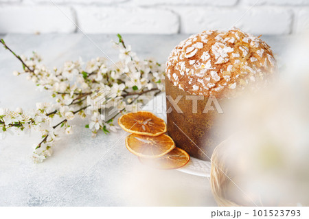Easter cake with sugar powder on gray background Easter cake with sugar powder on gray background 101523793