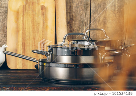 Set of dishware against old wooden background 101524139