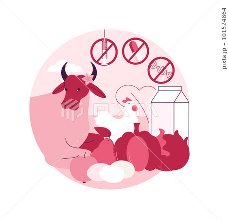 Free from antibiotics hormones GMO foods abstract concept vector illustration. Organic products livestock, organic farming, choose healthy foods, rich nutrient diet, farm market abstract metaphor. 101524864