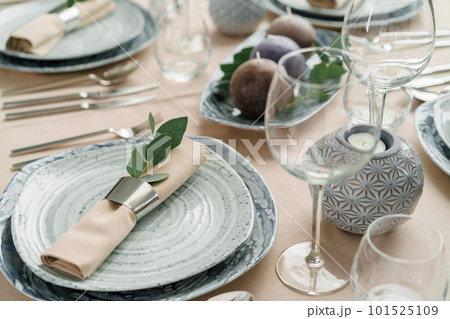 Luxury table setting for dining in pastel colors close up 101525109